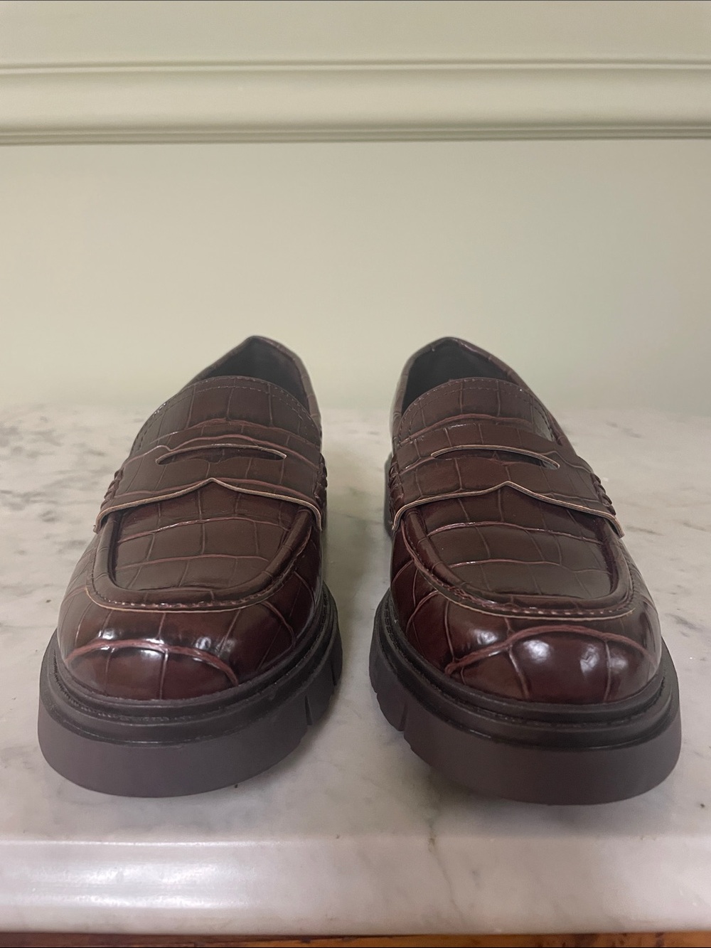 Marc Fisher Croc-Embossed Platform Penny Loafers in Brown - Picture 5 of 9